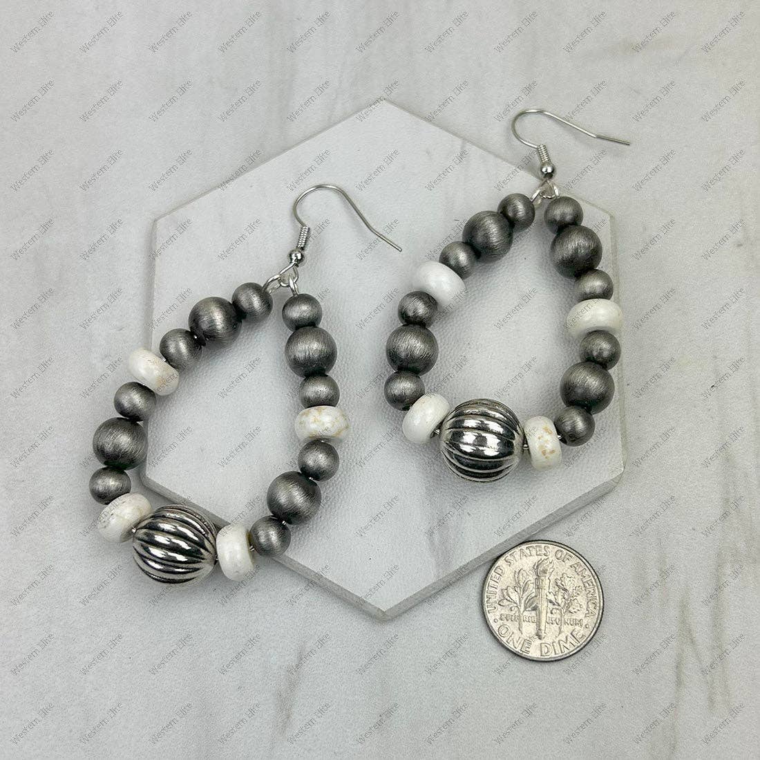 ER250309-11           Silver Navajo pearl with white color roundel turquoise stone teardrop Earrings