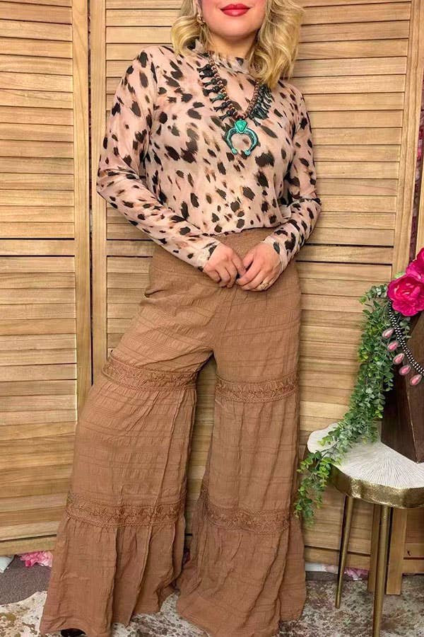 Western solid tan wide leg women's boutique pant XCH17318