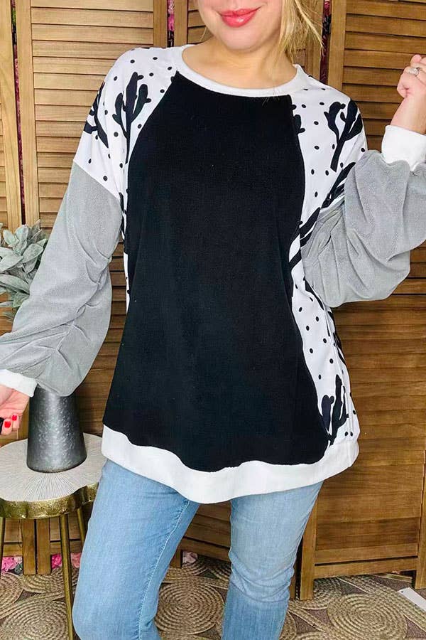 Western Cactus & dots & black women's boutique top BQ15021