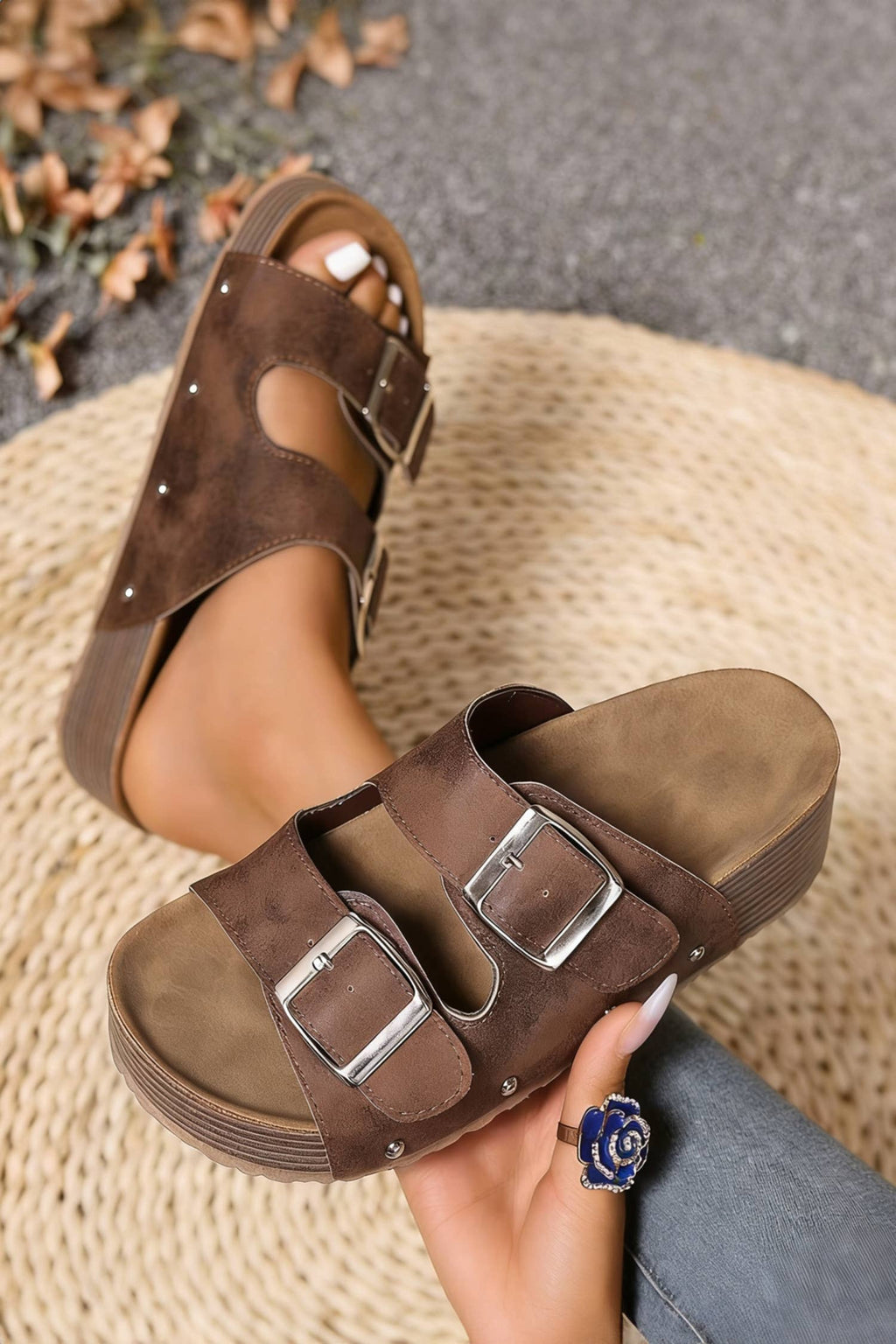 Retro Double Buckle PU Leather Faux Suede Platform Slippers