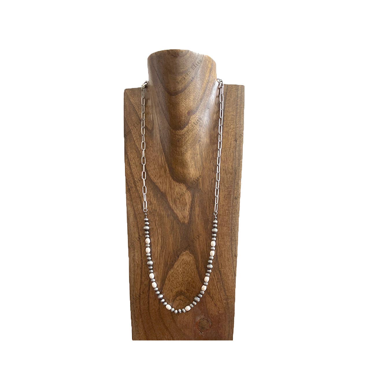 NKS250908-02-BLUE           28‘’ L  Blue TQ beads and Navajo pearl beads with silver metal paper clip chain Necklace