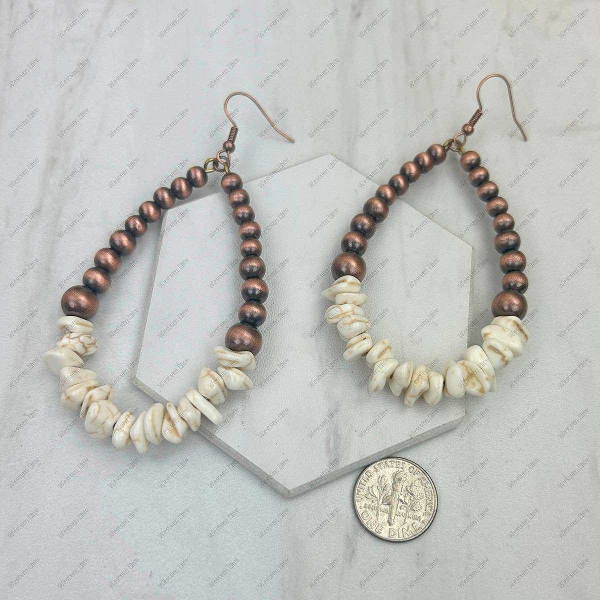 CER240805-14-COPPER-BLUE              Copper Navajo pearl with blue turquoise stone chips Earrings