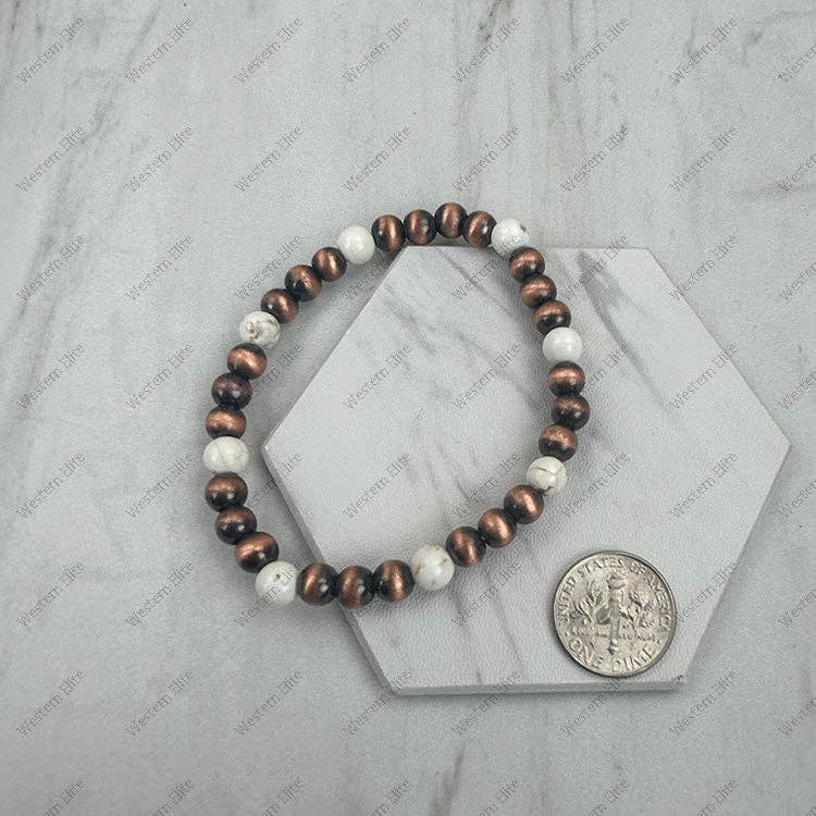 BR251228-46            6 mm copper Navajo pearl with white turquoise stone beads stretch Bracelet